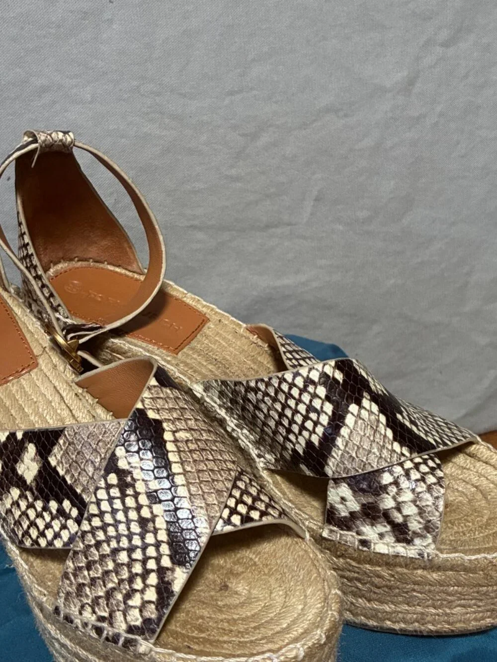 Tory Burch Women's Snakeskin Espadrille Wedge Sandals Size 7 Resort Boho Glam